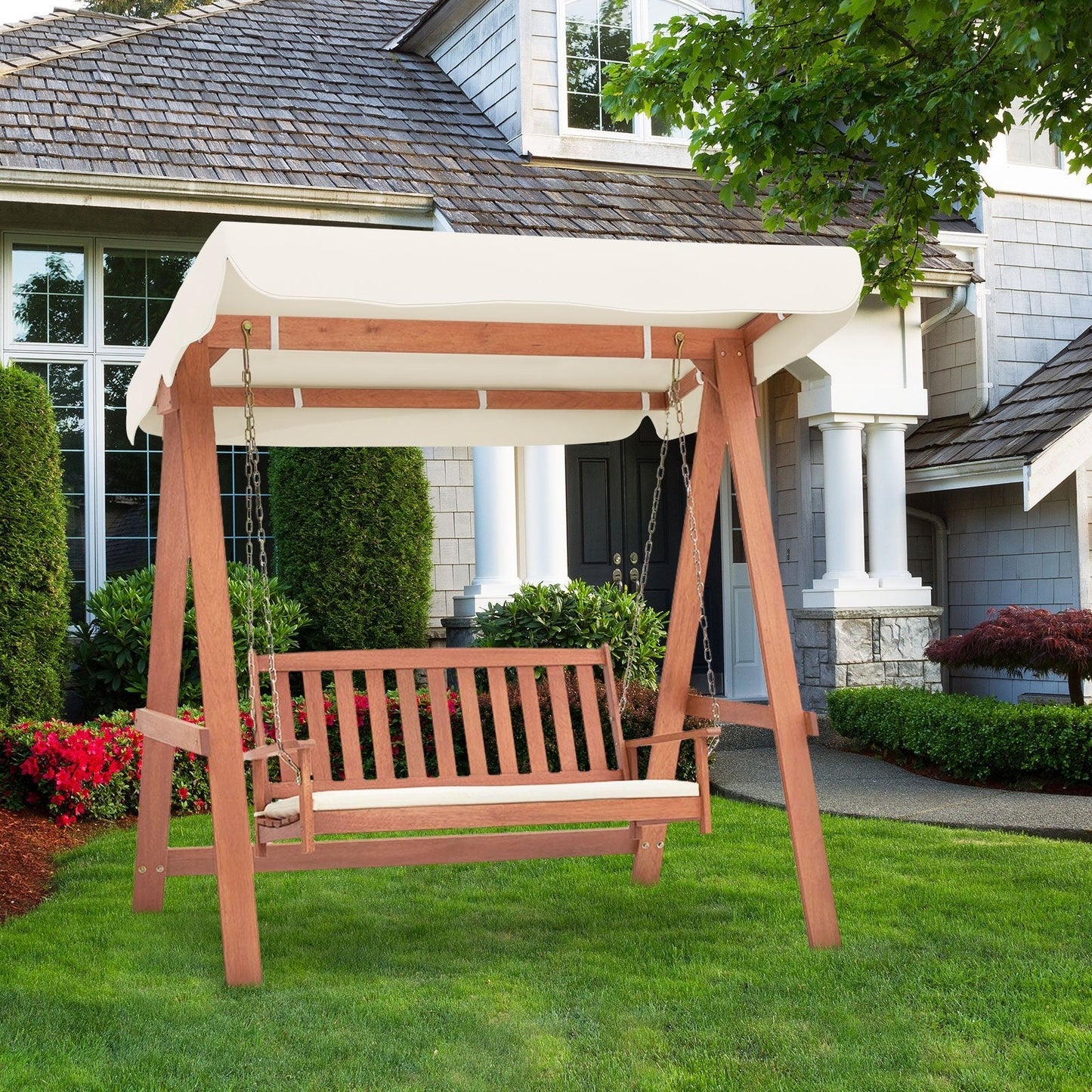 Wood Porch Swing with Canopy, A Frame and Soft Seat Cushions