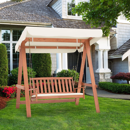 Wood Porch Swing with Canopy, A Frame and Soft Seat Cushions
