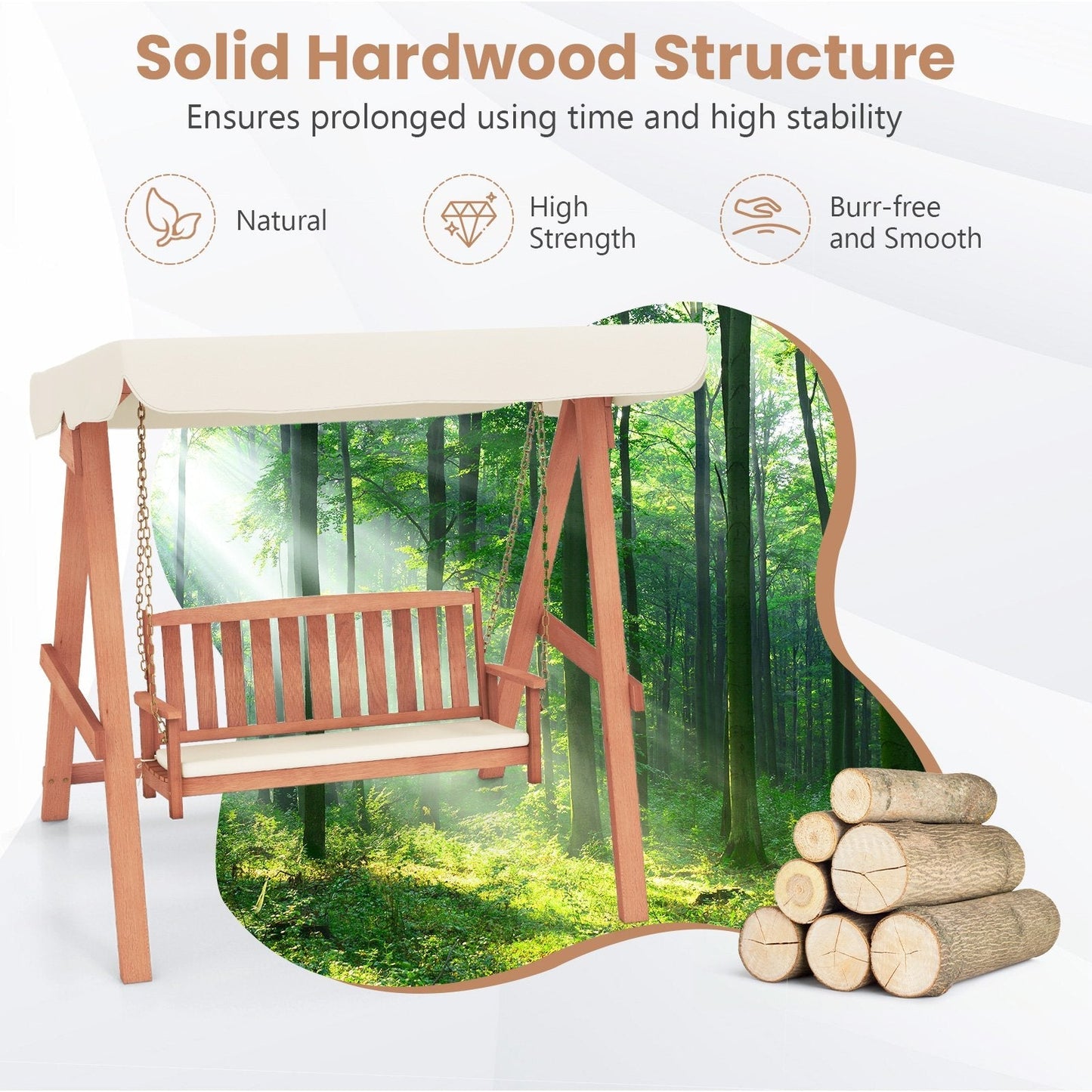 Wood Porch Swing with Canopy, A Frame and Soft Seat Cushions