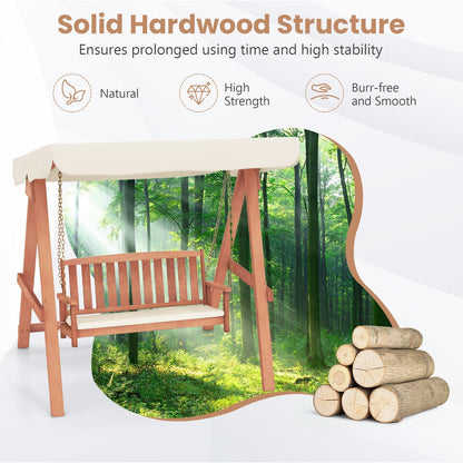 Wood Porch Swing with Canopy, A Frame and Soft Seat Cushions