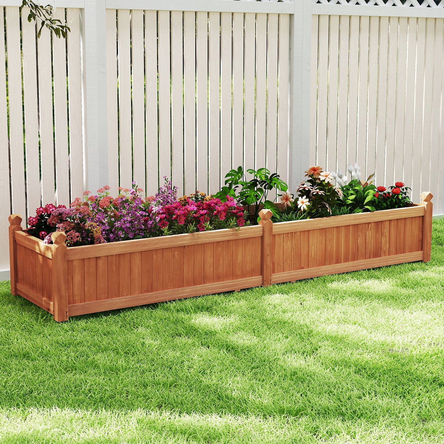 Wood Raised Garden Bed with Divider and Drainage System-Rustic Brown