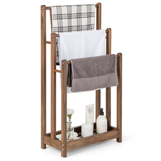 Freestanding Wood Towel Rack with 3 Individual Bars and Bottom Storage Shelf-Rustic Brown