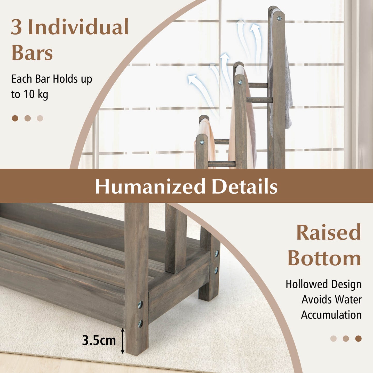 Freestanding Wood Towel Rack with 3 Individual Bars and Bottom Storage Shelf-Grey