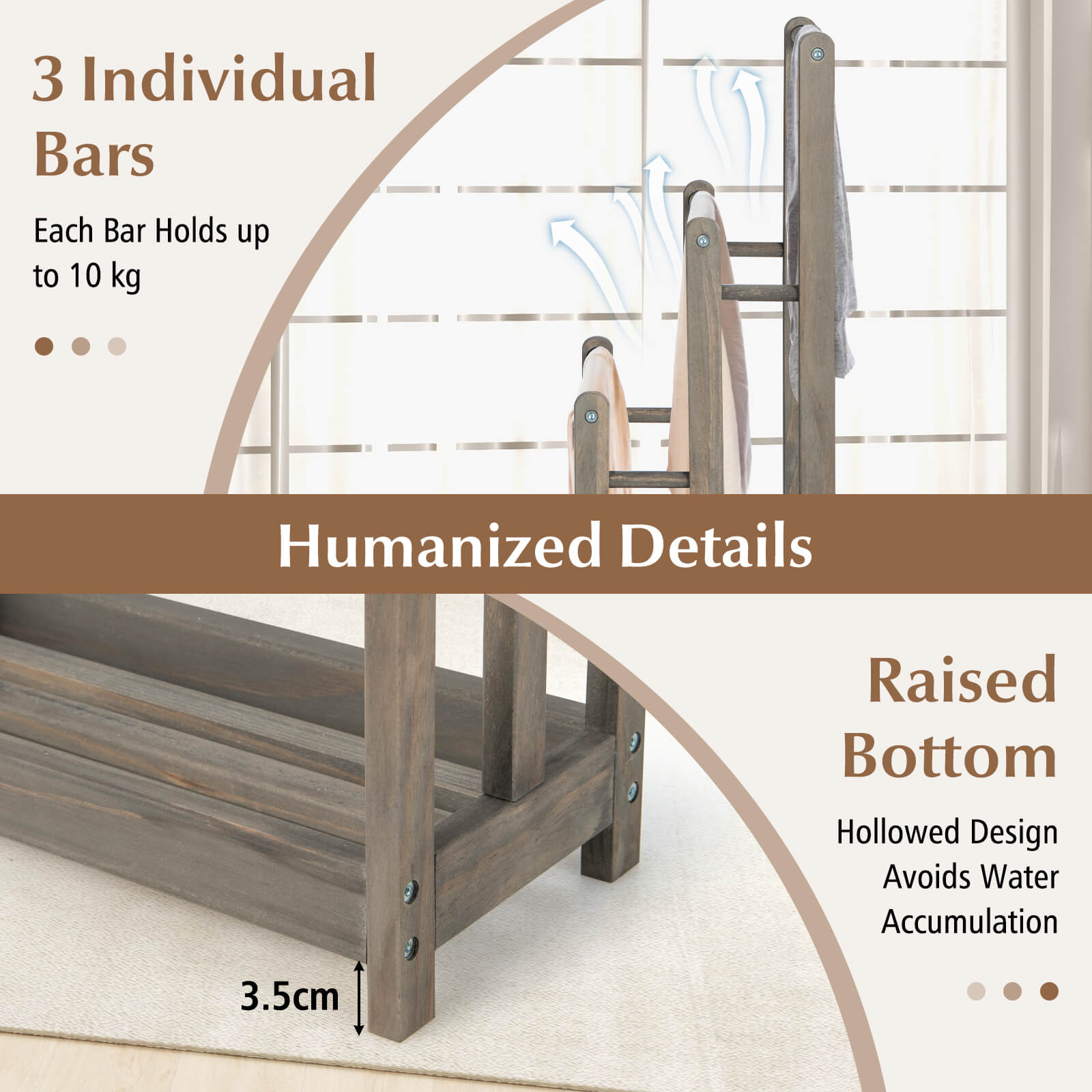 Freestanding Wood Towel Rack with 3 Individual Bars and Bottom Storage Shelf-Grey