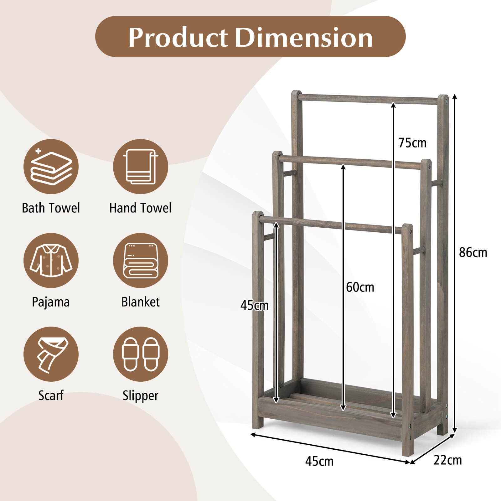 Freestanding Wood Towel Rack with 3 Individual Bars and Bottom Storage Shelf-Grey