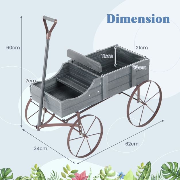 Wood Wagon Flower Planter with Wheels and 2 Planting Sections-Grey