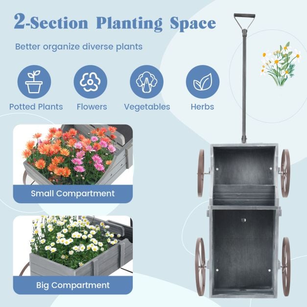 Wood Wagon Flower Planter with Wheels and 2 Planting Sections-Grey
