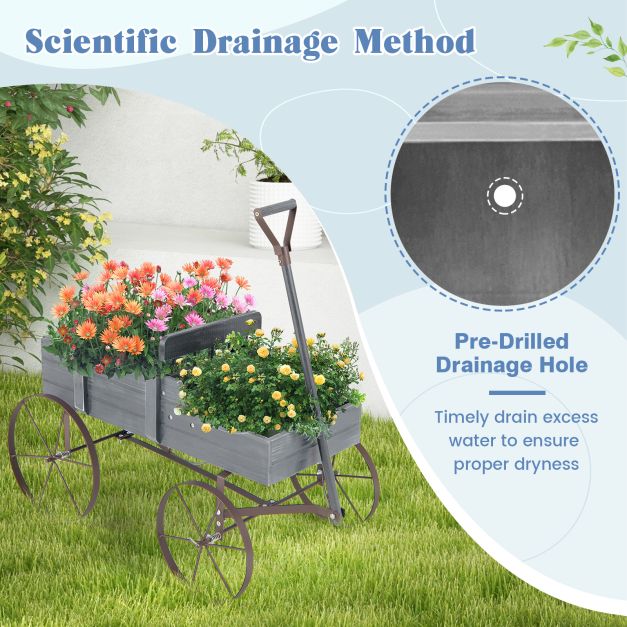 Wood Wagon Flower Planter with Wheels and 2 Planting Sections-Grey