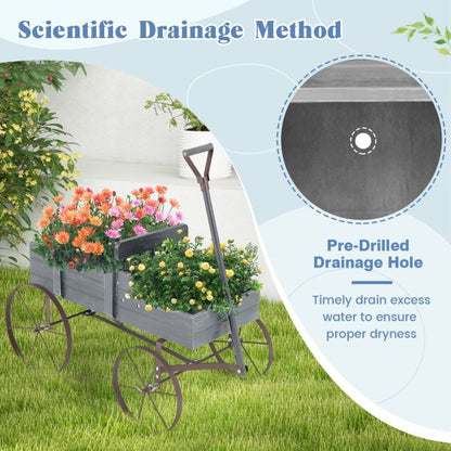 Wood Wagon Flower Planter with Wheels and 2 Planting Sections-Grey