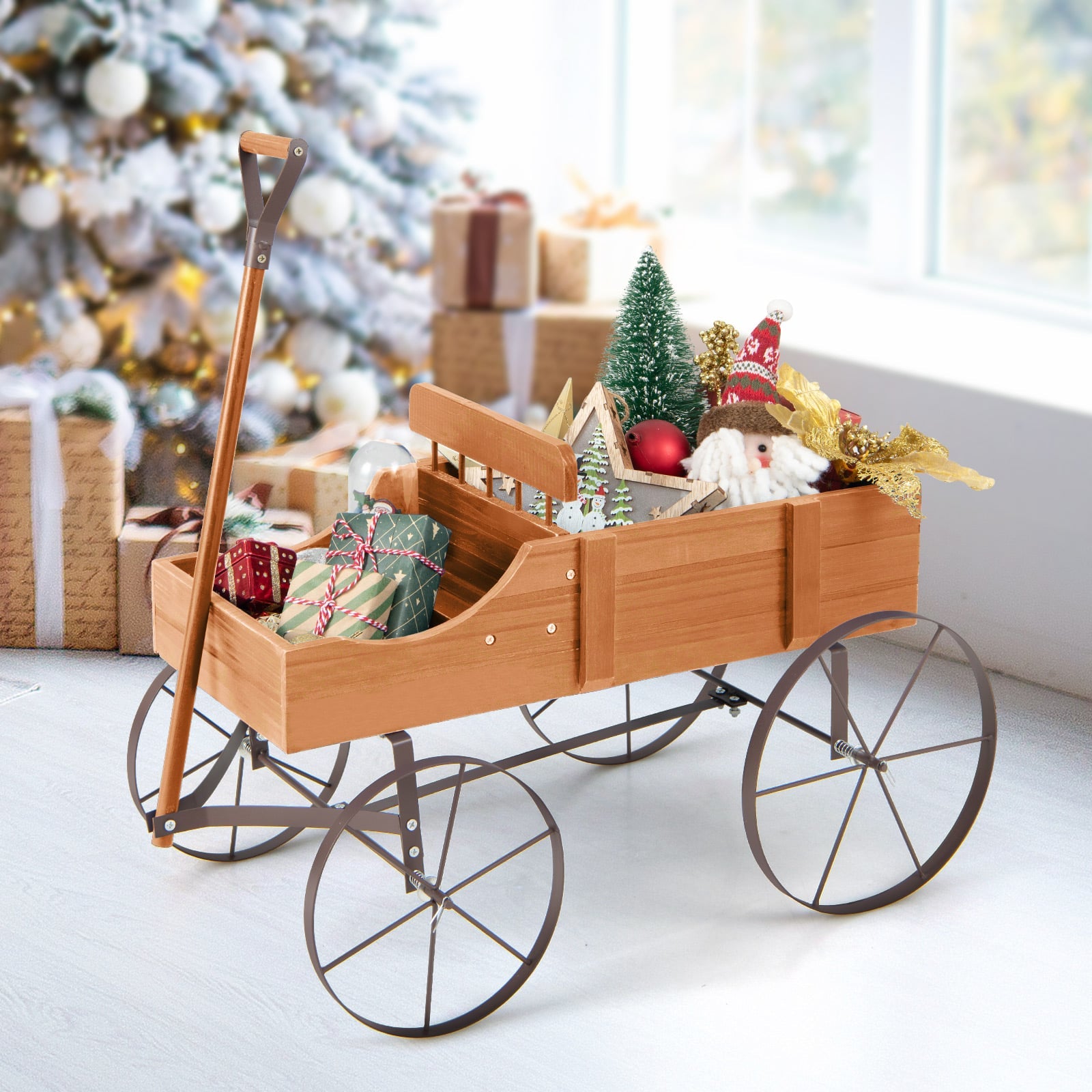 Wood Wagon Flower Planter with Wheels and 2 Planting Sections-Orange