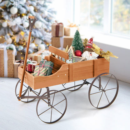 Wood Wagon Flower Planter with Wheels and 2 Planting Sections-Orange