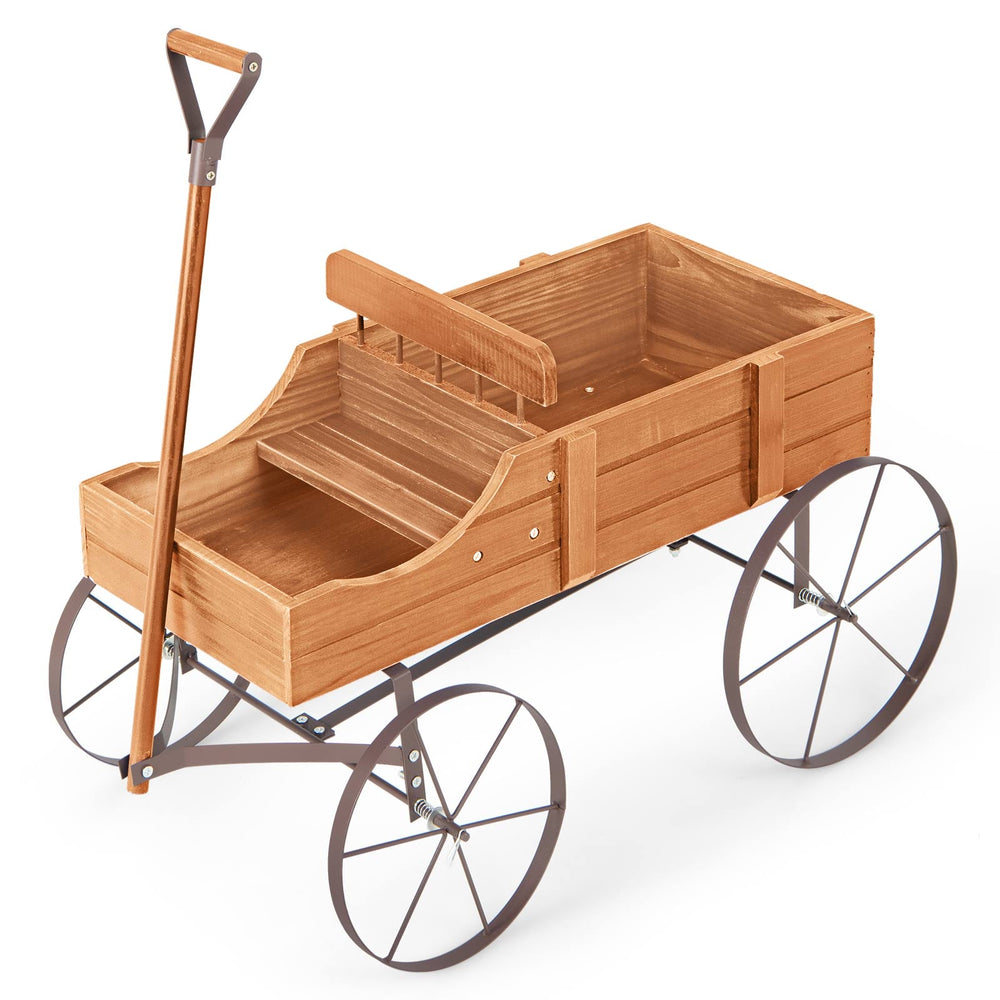 Wood Wagon Flower Planter with Wheels and 2 Planting Sections-Orange