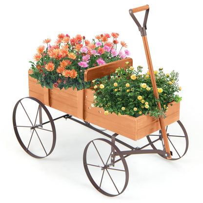 Wood Wagon Flower Planter with Wheels and 2 Planting Sections-Orange