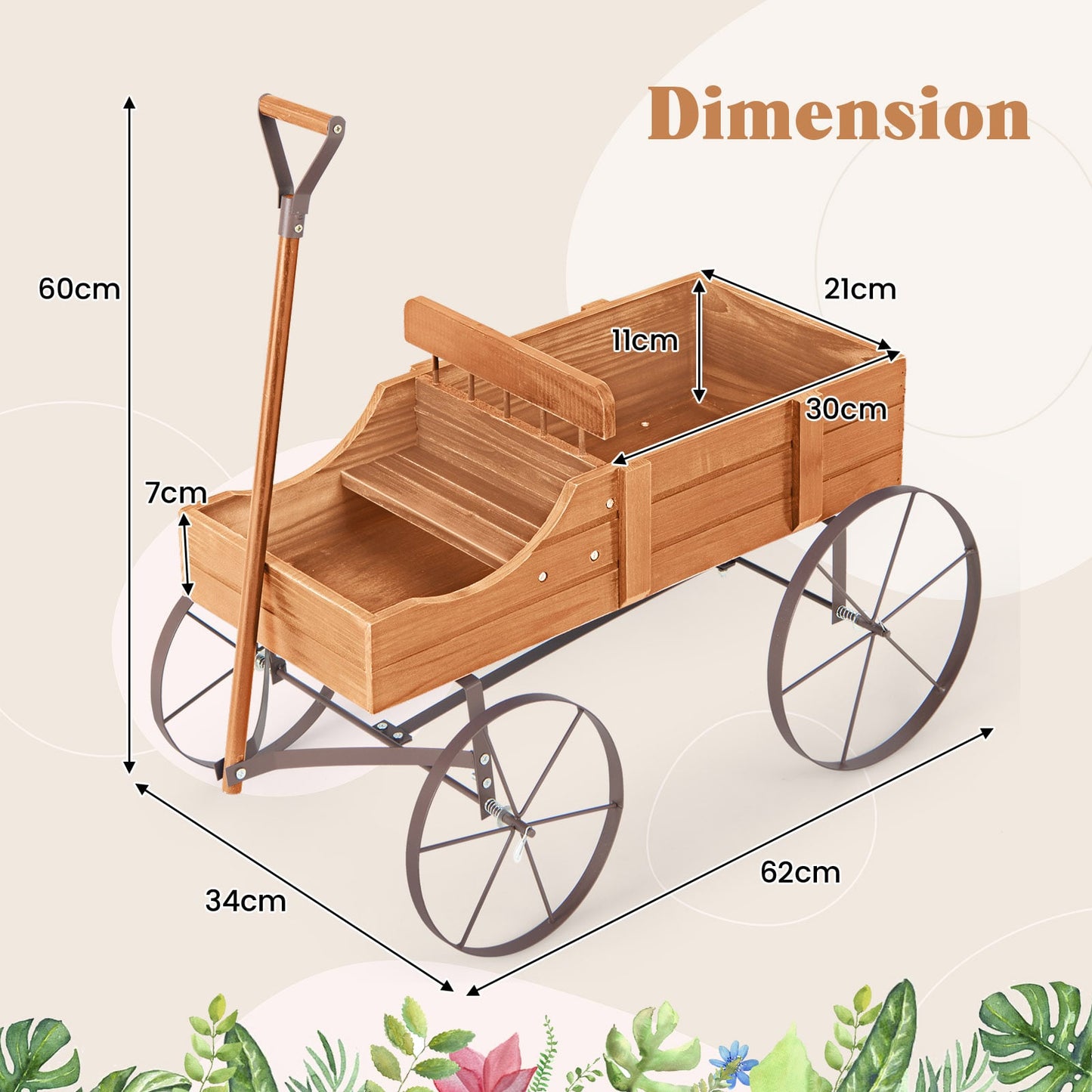 Wood Wagon Flower Planter with Wheels and 2 Planting Sections-Orange