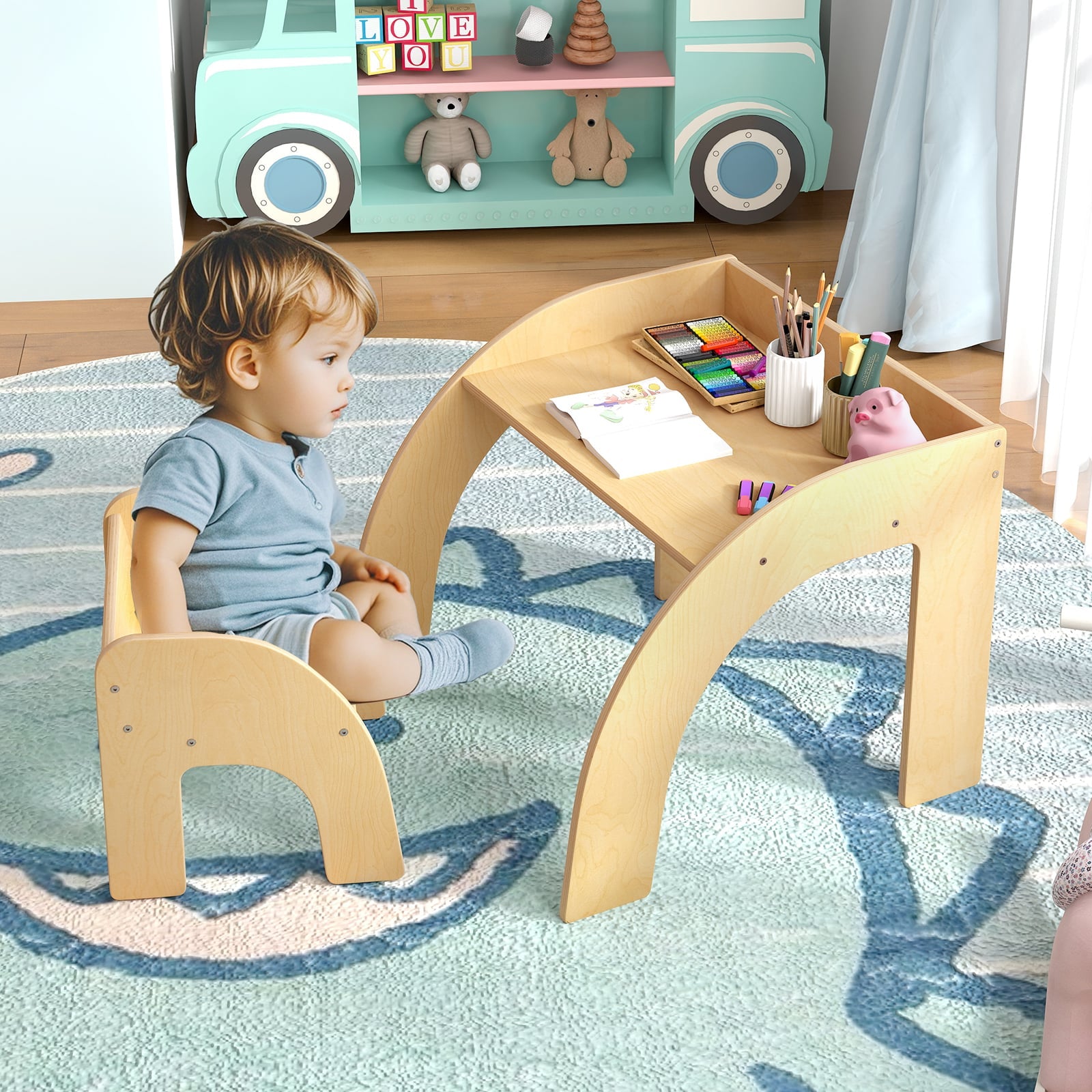 Wooded Toddler Kids Desk and Chair Set with Proper Height-Natural
