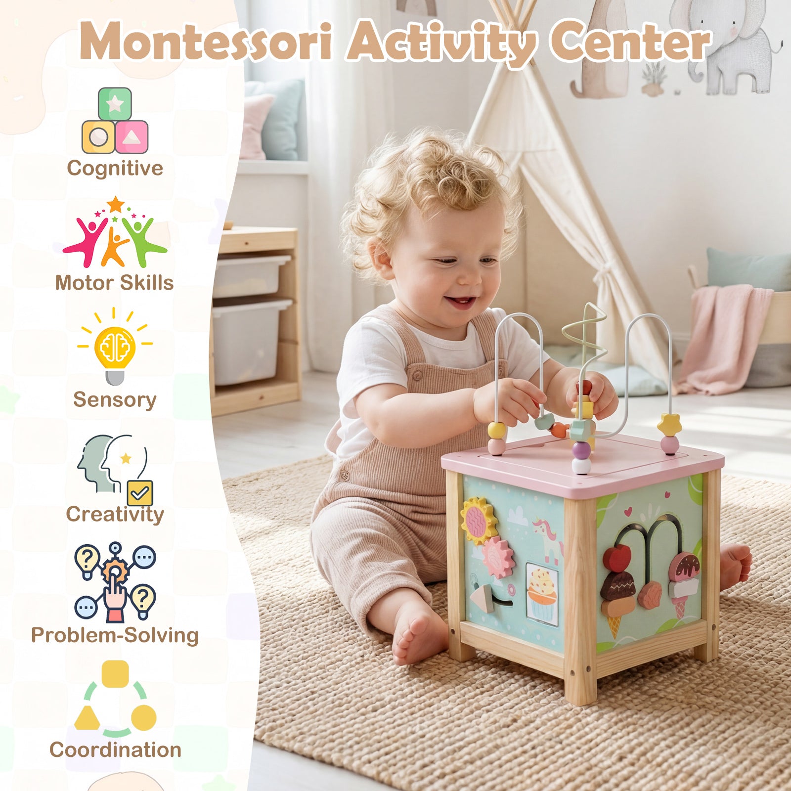 Wooden Activity Cube Montessori Sensory Toys for 18+ Months Toddlers