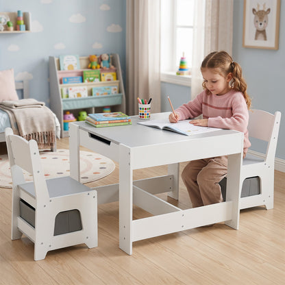 Wooden Activity Table with 2 Seats and Detachable Dual-Sided Tabletop-Grey