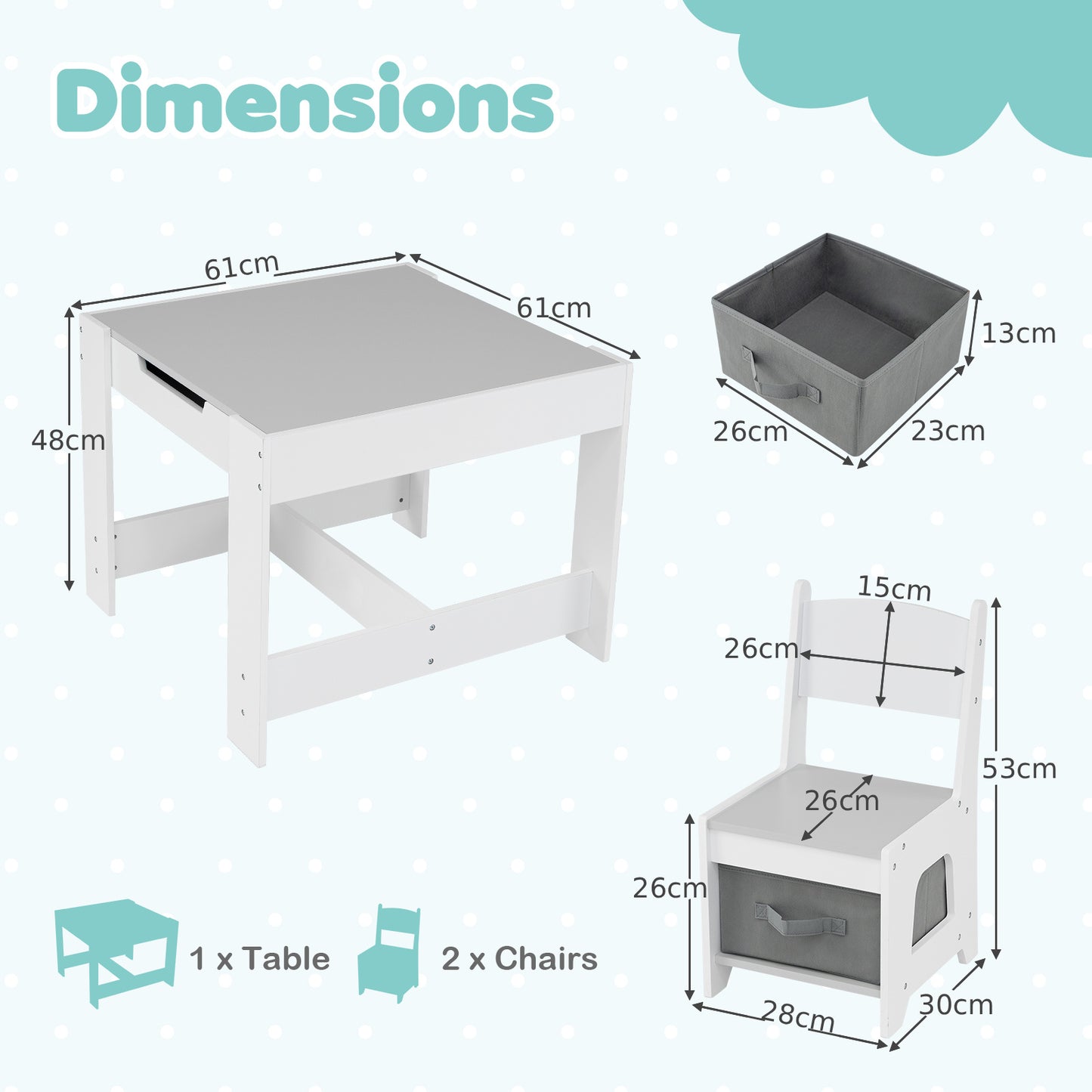 Wooden Activity Table with 2 Seats and Detachable Dual-Sided Tabletop-Grey