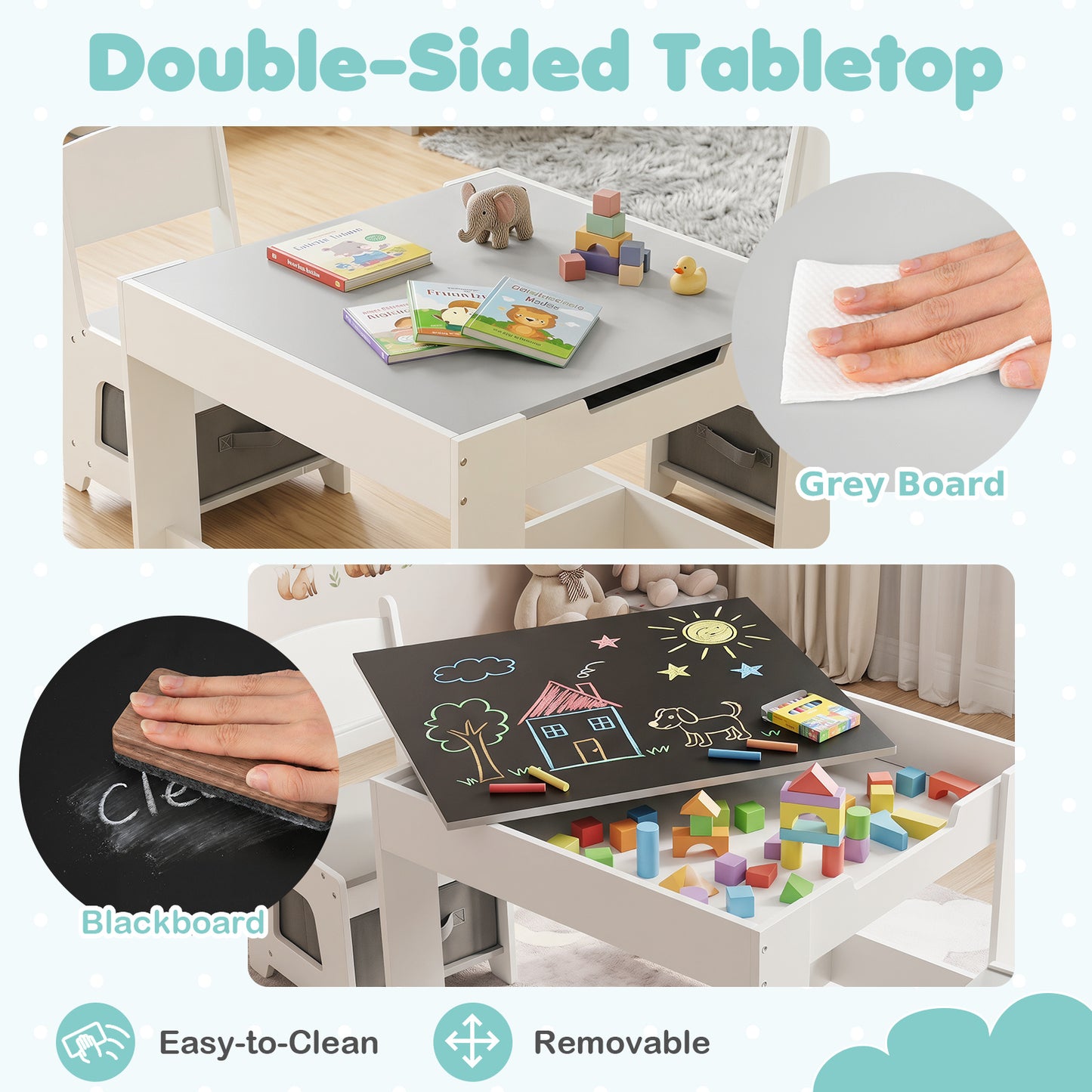 Wooden Activity Table with 2 Seats and Detachable Dual-Sided Tabletop-Grey