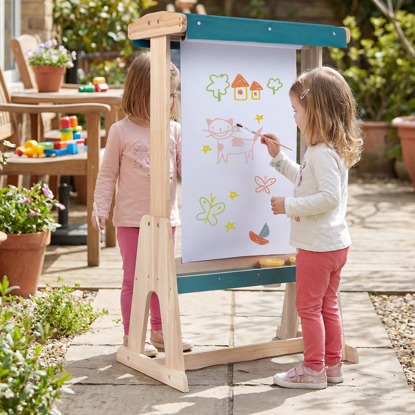 Wooden Art Easel for Kids with Transparent Board Paint Cups for Indoor Outdoor-Natural