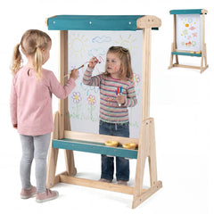 Wooden Art Easel for Kids with Transparent Board Paint Cups for Indoor Outdoor-Natural