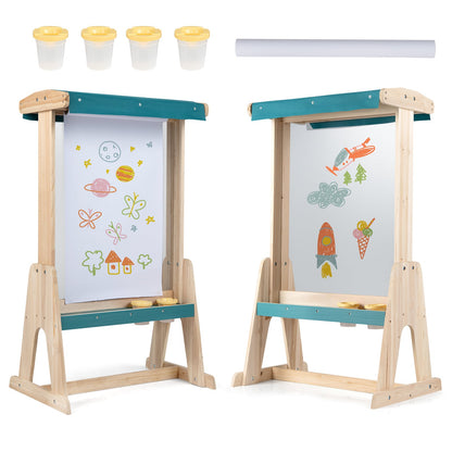 Wooden Art Easel for Kids with Transparent Board Paint Cups for Indoor Outdoor-Natural