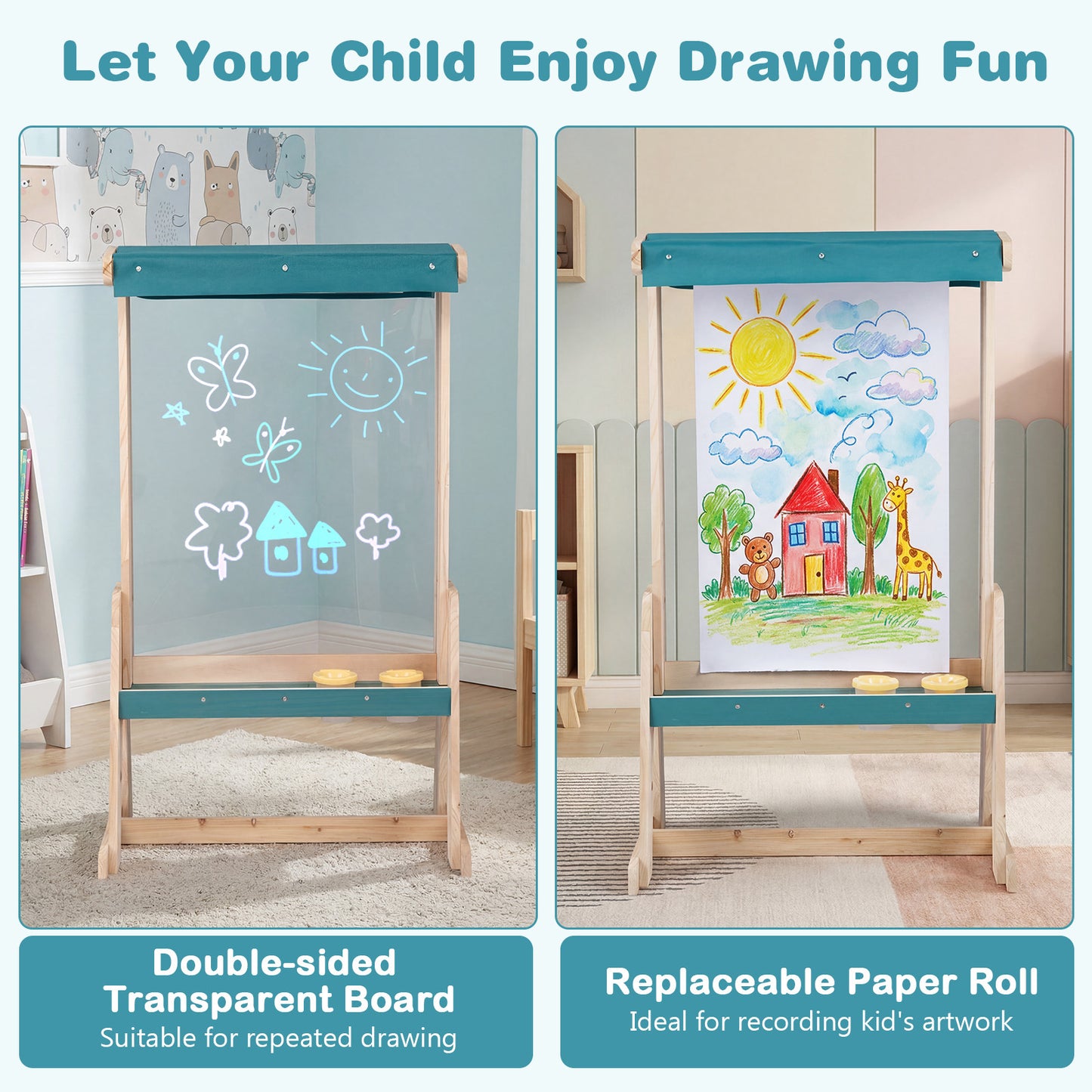 Wooden Art Easel for Kids with Transparent Board Paint Cups for Indoor Outdoor-Natural