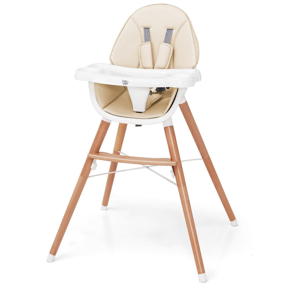 Wooden Baby Infant High chair Adjustable Double Tray with 5-Point Harness and Comfortable Footrest-Beige