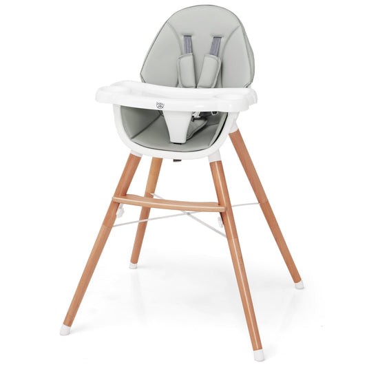 Wooden Baby Infant High chair Adjustable Double Tray with 5-Point Harness and Comfortable Footrest-Grey
