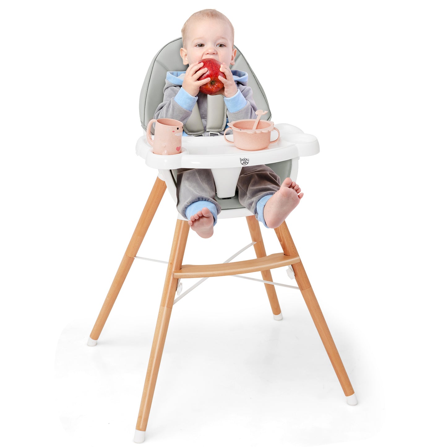 Wooden Baby Infant High chair Adjustable Double Tray with 5-Point Harness and Comfortable Footrest-Grey