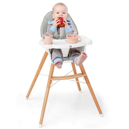 Wooden Baby Infant High chair Adjustable Double Tray with 5-Point Harness and Comfortable Footrest-Grey