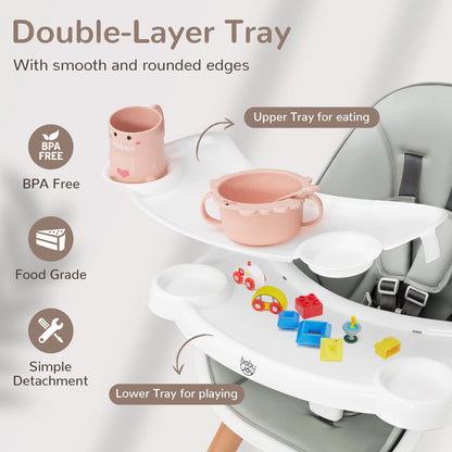 Wooden Baby Infant High chair Adjustable Double Tray with 5-Point Harness and Comfortable Footrest-Grey