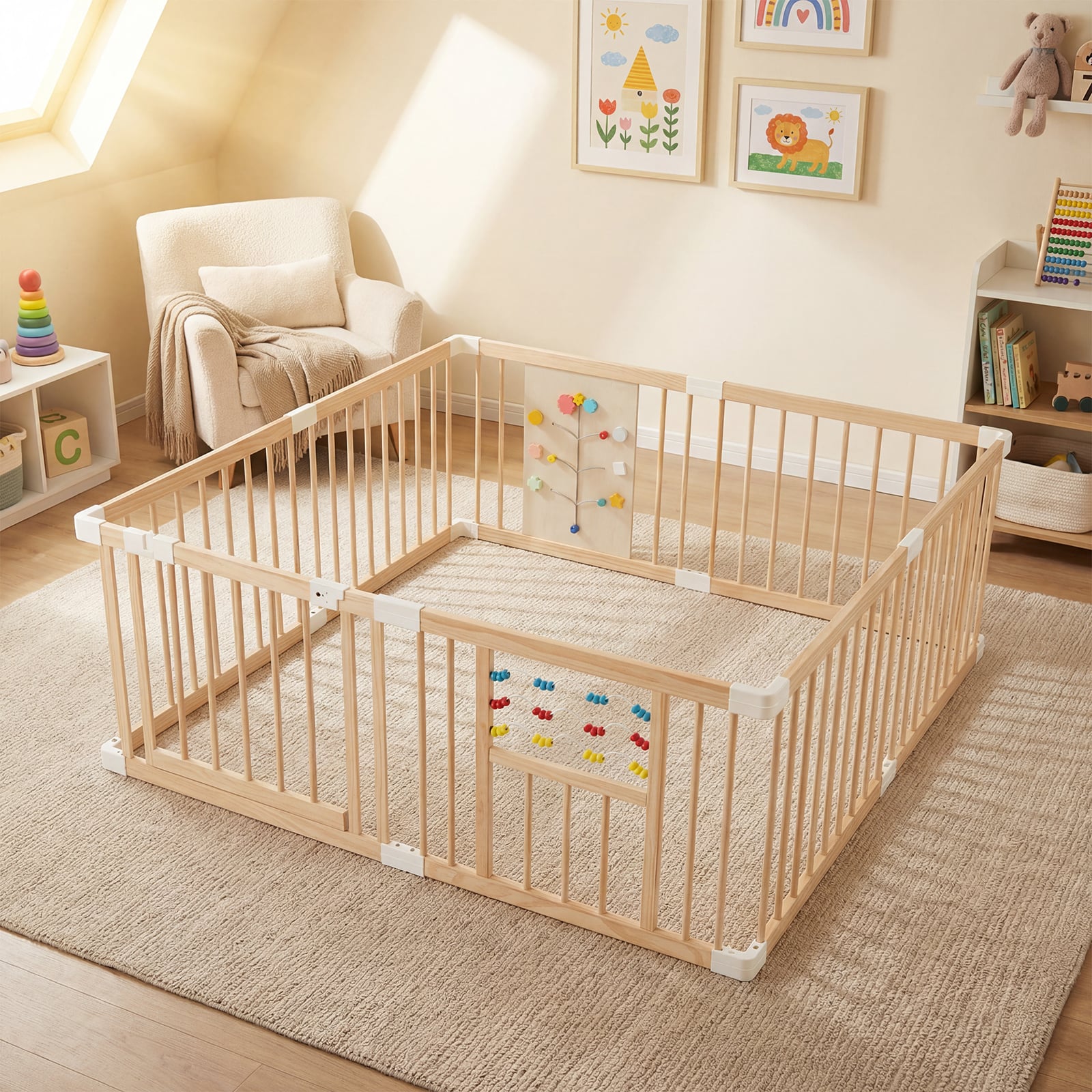 Wooden Baby Playpen Adjustable Multi-Shape Large Play Yard for Infants and Toddlers-Natural