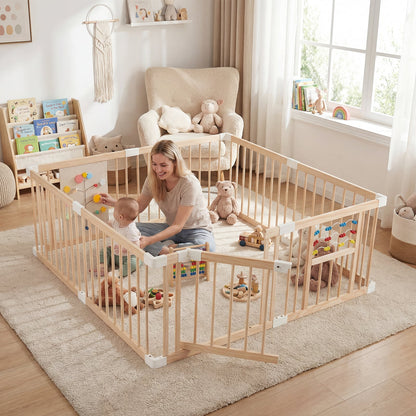 Wooden Baby Playpen Adjustable Multi-Shape Large Play Yard for Infants and Toddlers-Natural