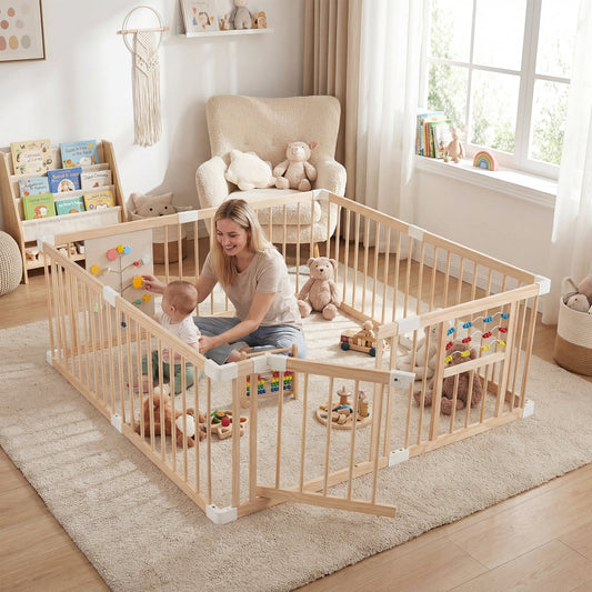Wooden Baby Playpen Adjustable Multi-Shape Large Play Yard for Infants and Toddlers-Natural