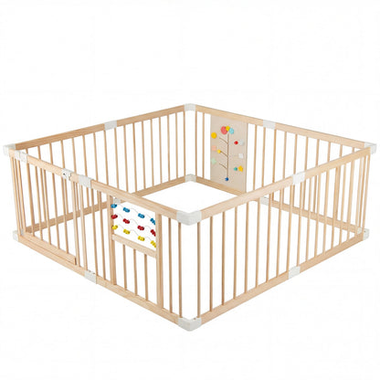 Wooden Baby Playpen Adjustable Multi-Shape Large Play Yard for Infants and Toddlers-Natural