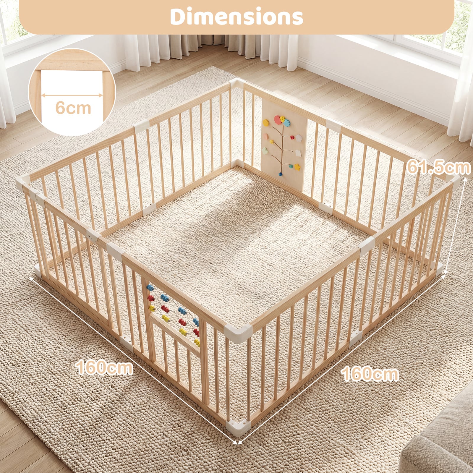 Wooden Baby Playpen Adjustable Multi-Shape Large Play Yard for Infants and Toddlers-Natural