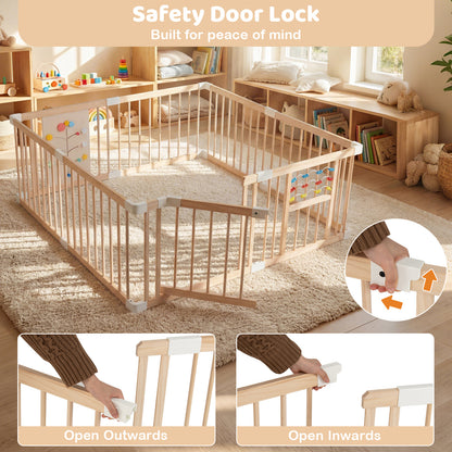 Wooden Baby Playpen Adjustable Multi-Shape Large Play Yard for Infants and Toddlers-Natural