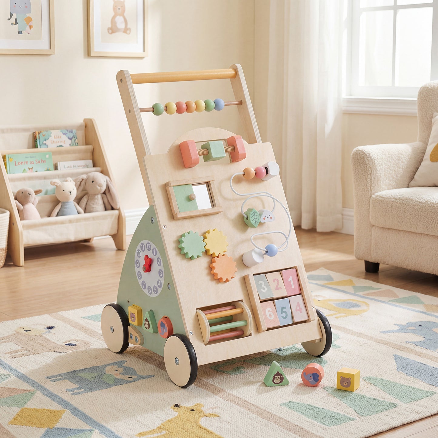 Wooden Baby Walker Babies Push Walker with Wheels and Storage Basket
