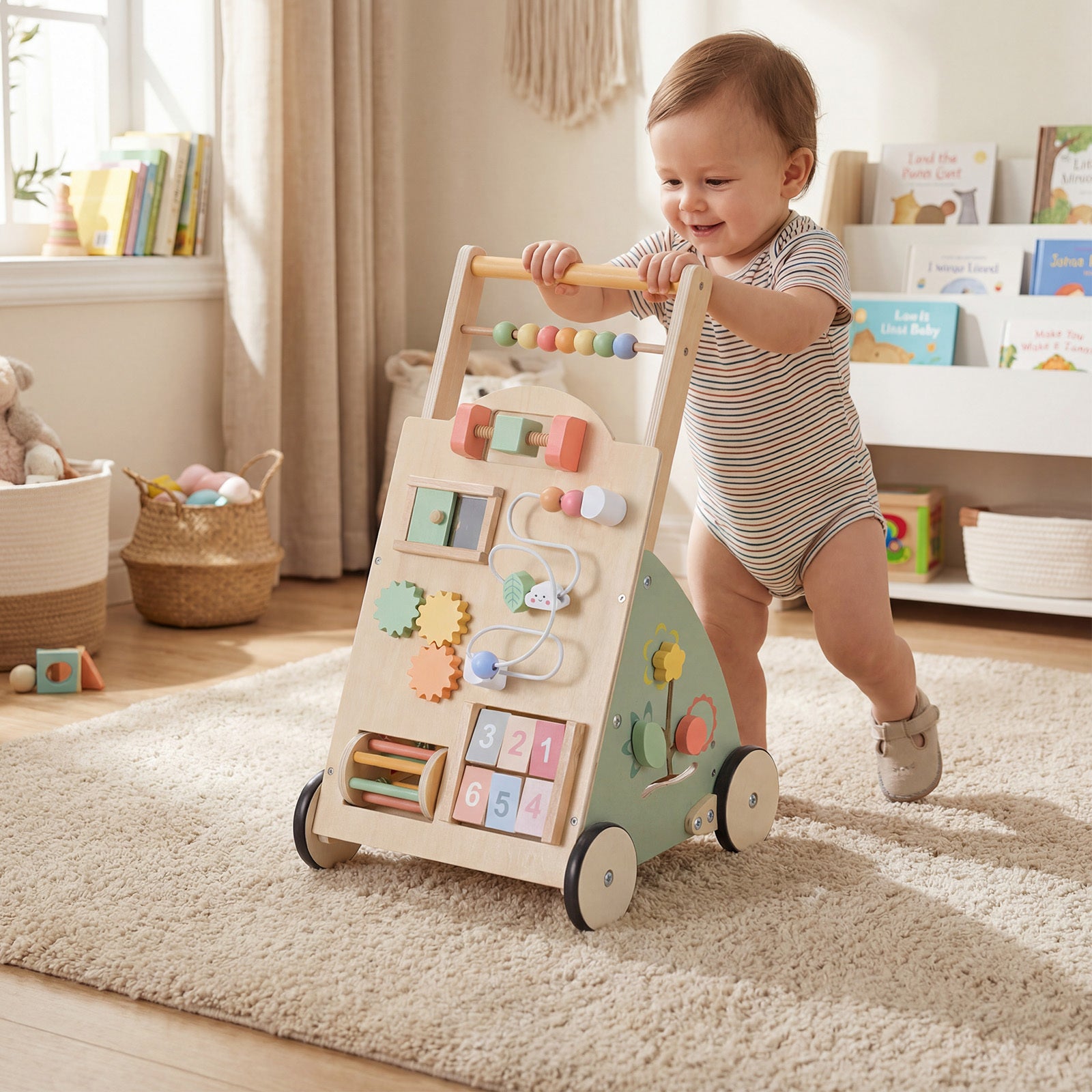 Wooden Baby Walker Babies Push Walker with Wheels and Storage Basket