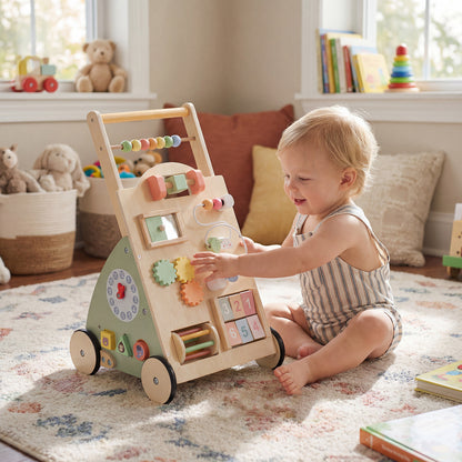 Wooden Baby Walker Babies Push Walker with Wheels and Storage Basket