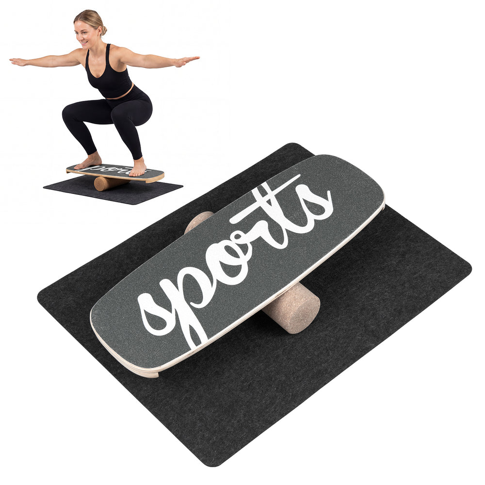Wooden Balance Board Trainer with Cork Roller Stoppers Felt Mat-Black