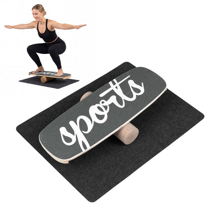 Wooden Balance Board Trainer with Cork Roller Stoppers Felt Mat-Black