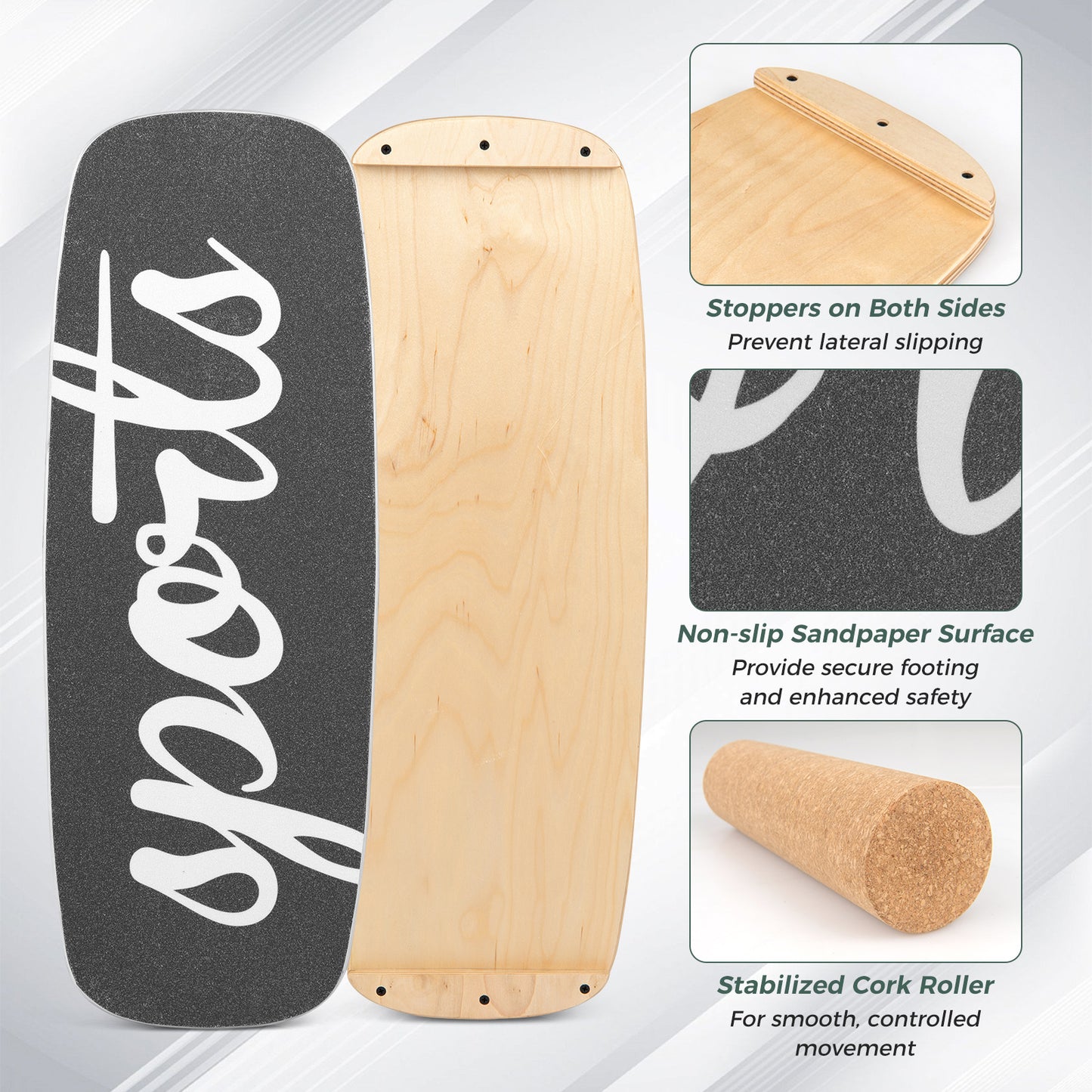 Wooden Balance Board Trainer with Cork Roller Stoppers Felt Mat-Black