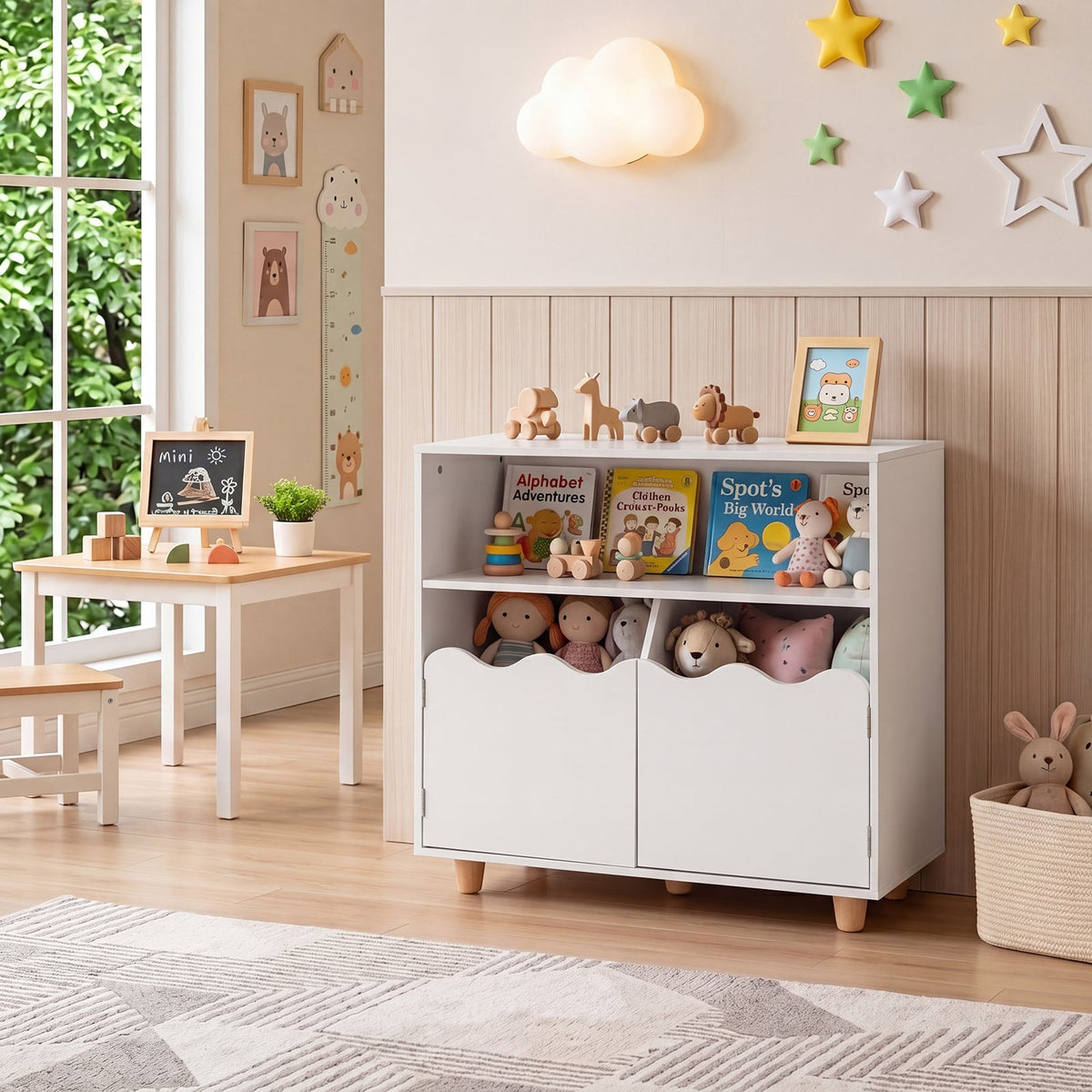 Wooden Bookshelf with 2 Anti-Toppling Devices and Top Surface Open Compartment-White