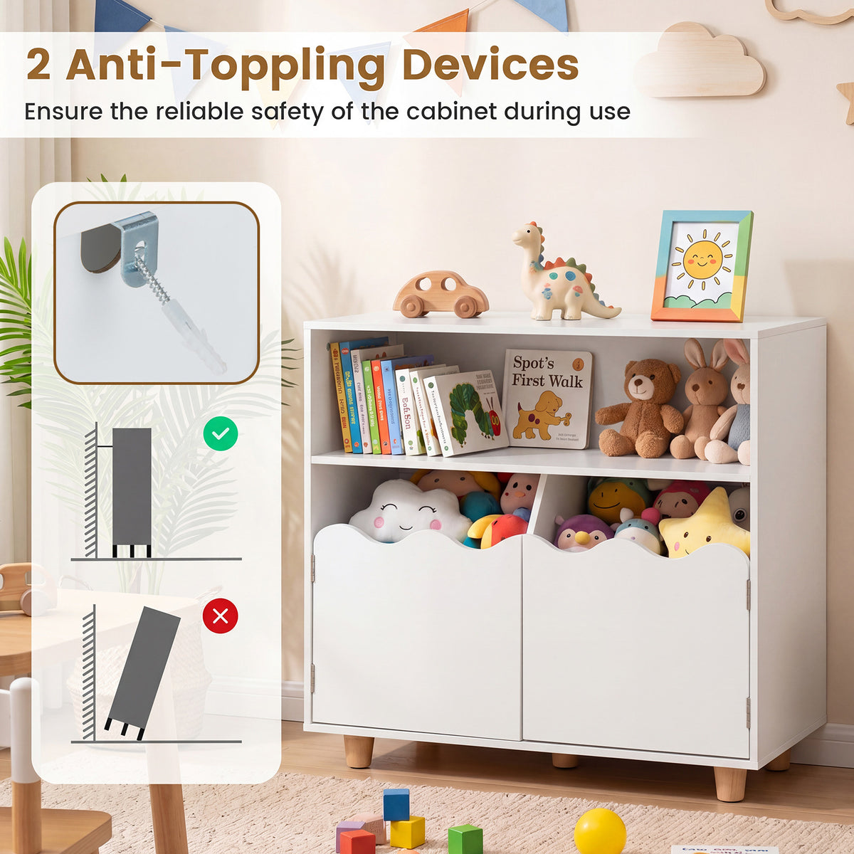 Wooden Bookshelf with 2 Anti-Toppling Devices and Top Surface Open Compartment-White