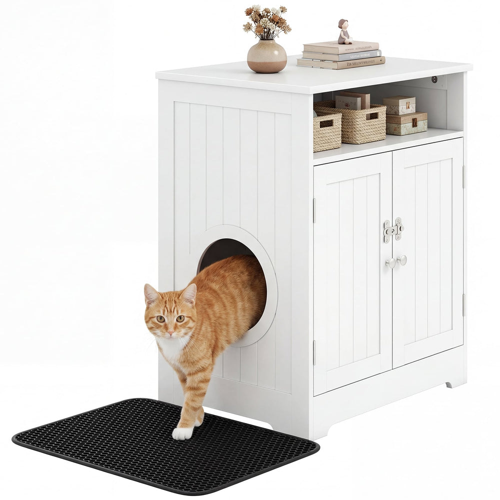 Wooden Cat Litter Box Enclosure Hidden Cat Washroom Furniture with Easy Cleaning Litter Mat-White