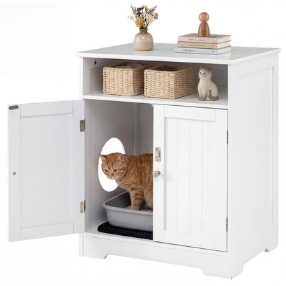 Wooden Cat Litter Box Enclosure Hidden Cat Washroom Furniture with Easy Cleaning Litter Mat-White