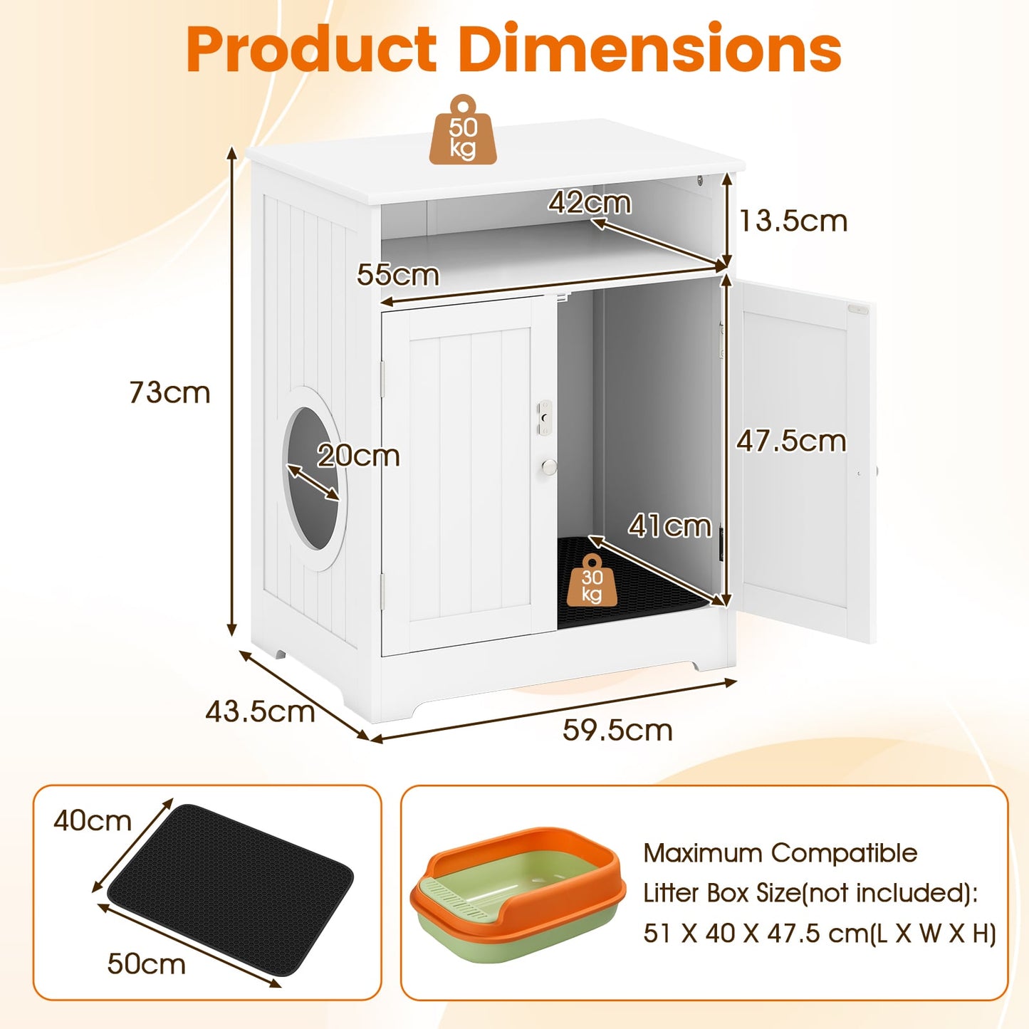 Wooden Cat Litter Box Enclosure Hidden Cat Washroom Furniture with Easy Cleaning Litter Mat-White