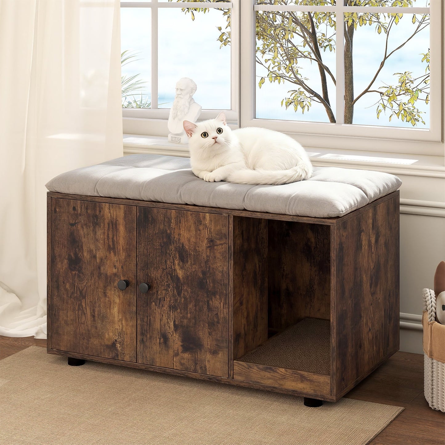 Wooden Cat Litter Box Enclosure Hidden Litter Box Furniture with Scratching Board-Brown